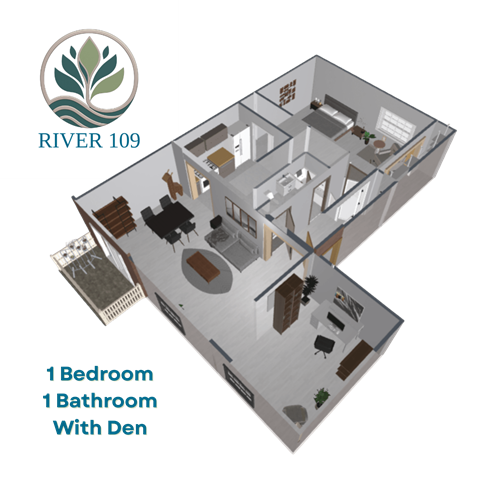 Floor plan for 1 bed, 1 bath, 733 sqft